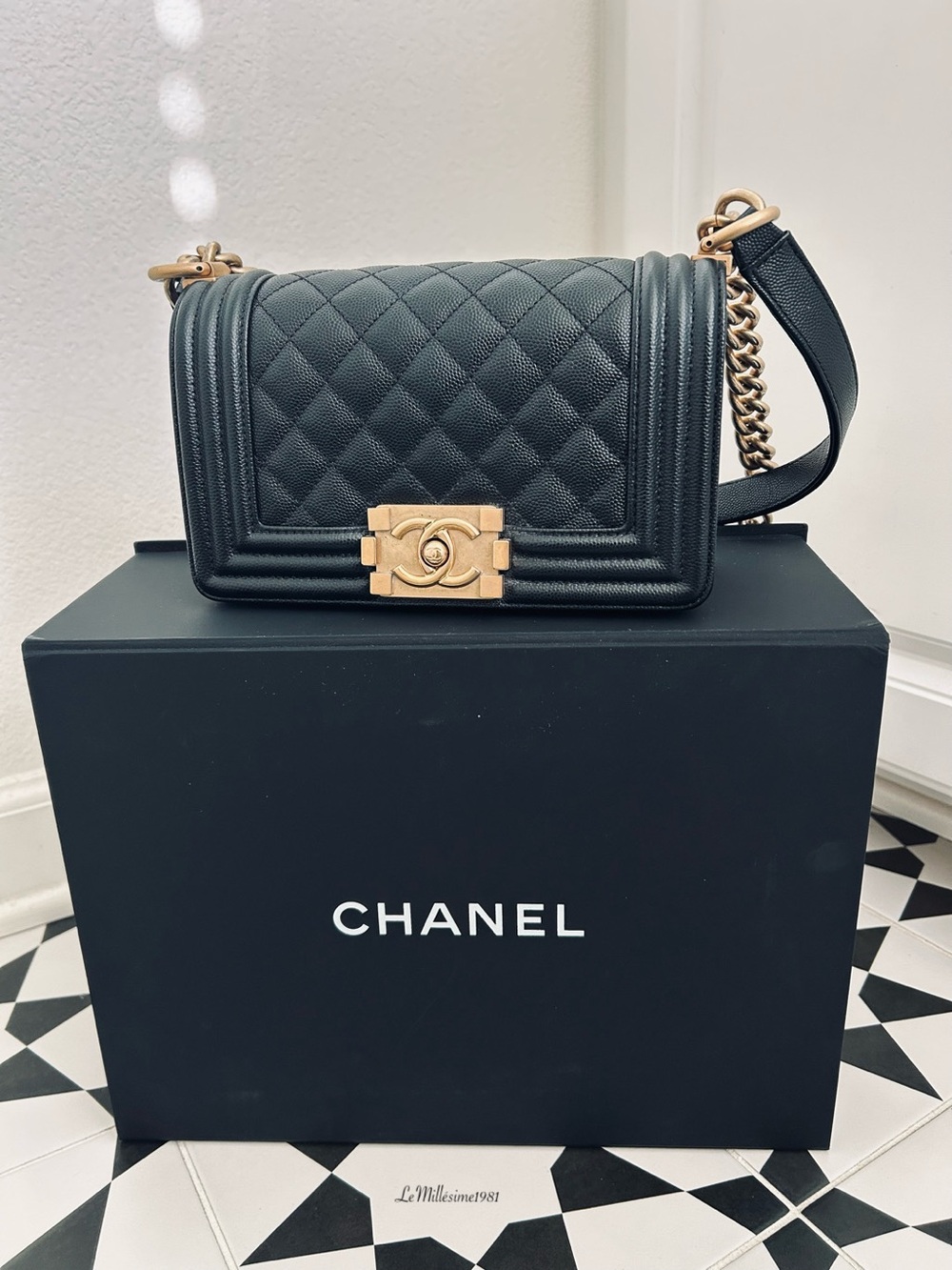 CHANEL Small Boy Bag Black Caviar Leather Brass